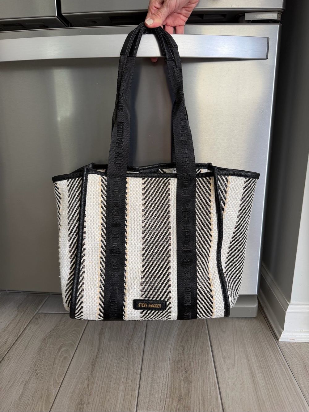 Steve Madden Black and White Striped Tote with Contrast Trim